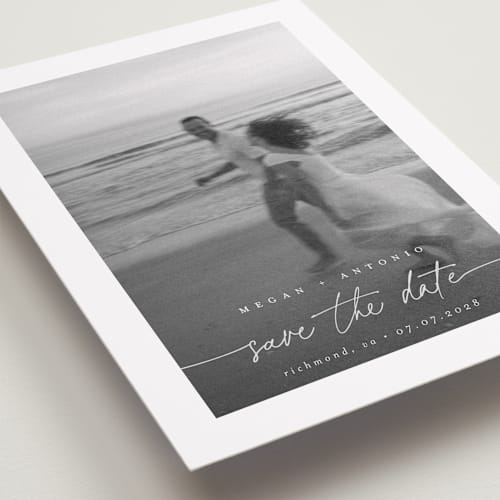 This is a ivory save the date with standard by Pippa Shaw called gaussian printing on recycled smooth signature in standard