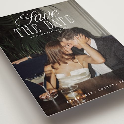 This is a porcelain save the date with standard by Maria Alou called his & hers printing on recycled smooth signature in standard