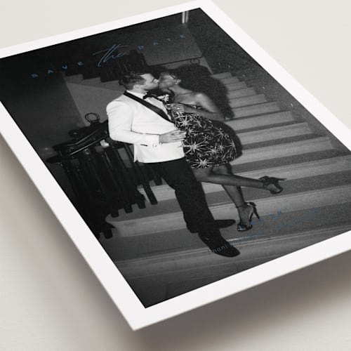 This is a midnight blue save the date with standard by Eric Clegg called casual elegance printing on recycled smooth signature in standard