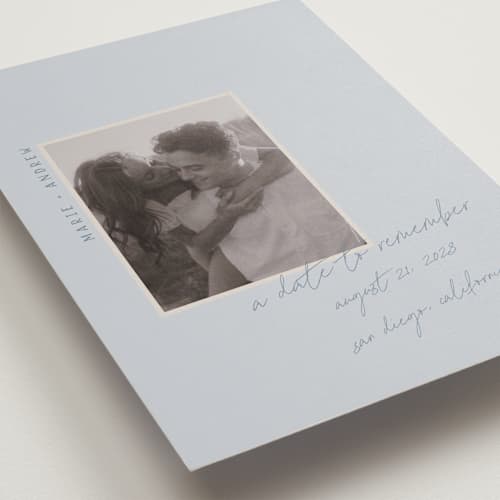 This is a cornflower save the date with standard by Vera Lim called offset printing on recycled smooth signature in standard