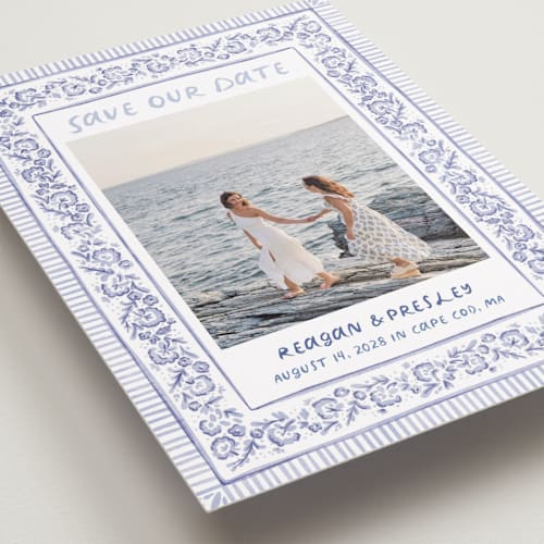 This is a cerulean save the date with standard by Jenna Holcomb called provincial printing on recycled smooth signature in standard