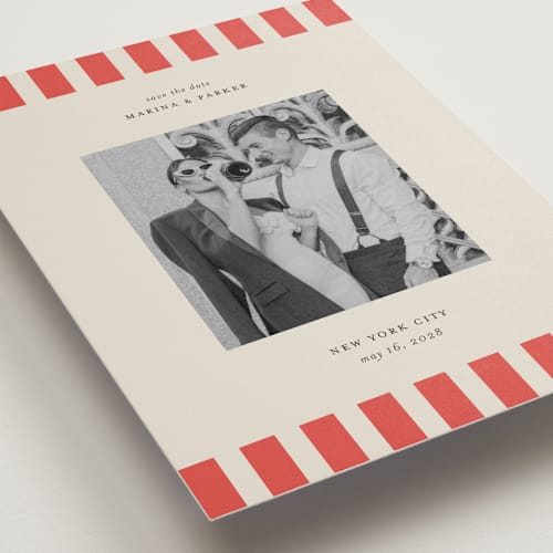 This is a tomato save the date with standard by Jackie Crawford called modern border printing on recycled smooth signature in standard