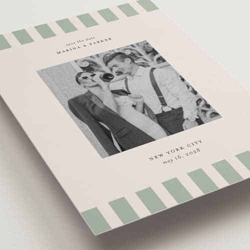This is a grass save the date with standard by Jackie Crawford called modern border printing on recycled smooth signature in standard