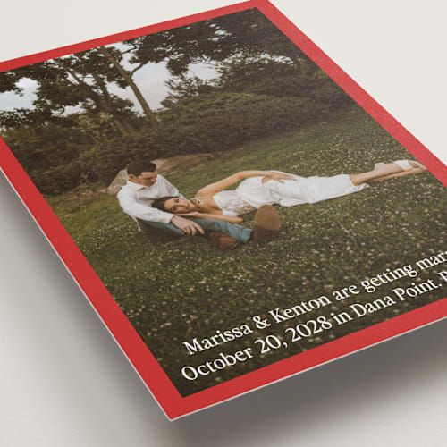 This is a cherry save the date with standard by Becky Nimoy called black border printing on recycled smooth signature in standard