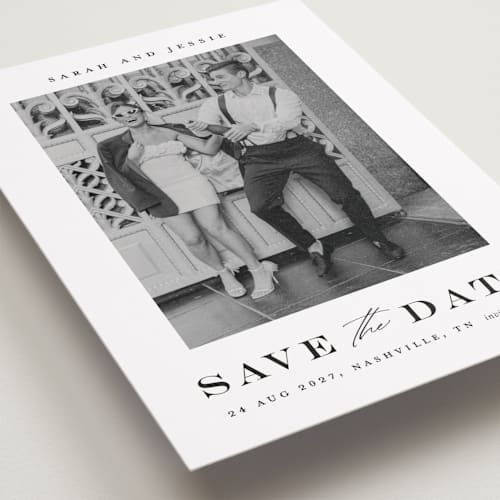 This is a midnight save the date with standard by Stacey Meacham called classic charm printing on recycled smooth signature in standard