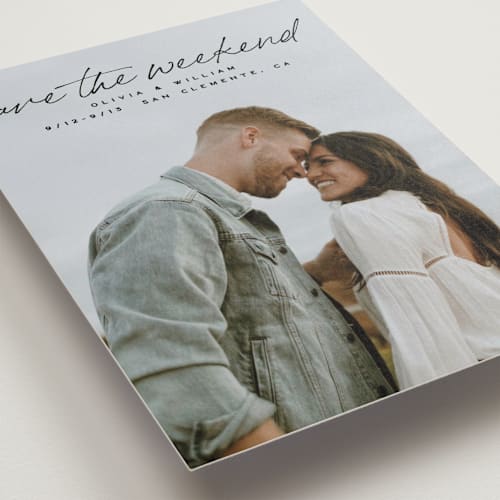 This is a onyx save the date with standard by Owl and Toad called weekenders printing on recycled smooth signature in standard