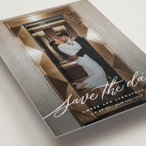 This is a chamomile save the date with standard by Wildfield Paper Co called daisy printing on recycled smooth signature in standard
