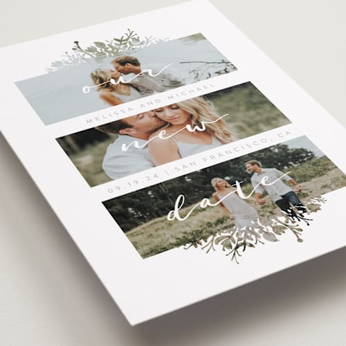 This is a stone save the date with standard by JeAnna Casper called whispers printing on recycled smooth signature in standard