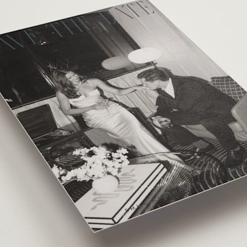 This is a night save the date with standard by Maja Cunningham called classic timeless printing on recycled smooth signature in standard