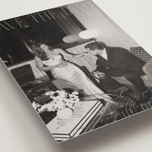 This is a moss save the date with standard by Maja Cunningham called classic timeless printing on recycled smooth signature in standard