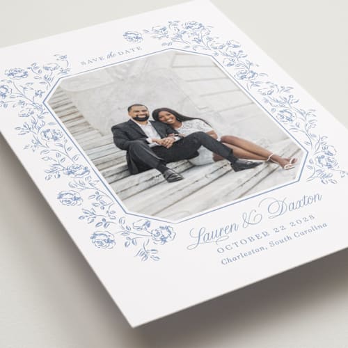 This is a sky save the date with standard by Robert and Stella called framed florals printing on recycled smooth signature in standard