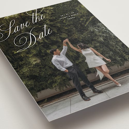 This is a pearl save the date with standard by Pixel and Hank called enamored printing on recycled smooth signature in standard