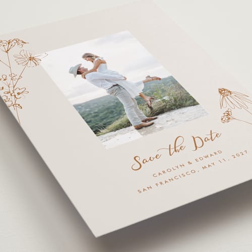 This is a butternut squash save the date with standard by Baumbirdy called sketched florals printing on recycled smooth signature in standard