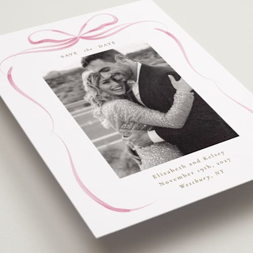 This is a peony save the date with standard by Corinne Malesic called bow printing on recycled smooth signature in standard
