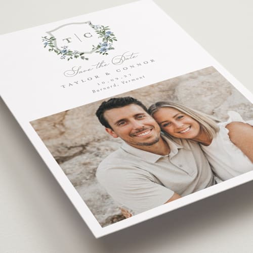 This is a sky save the date with standard by Everett Paper Goods called foliage crest printing on recycled smooth signature in standard