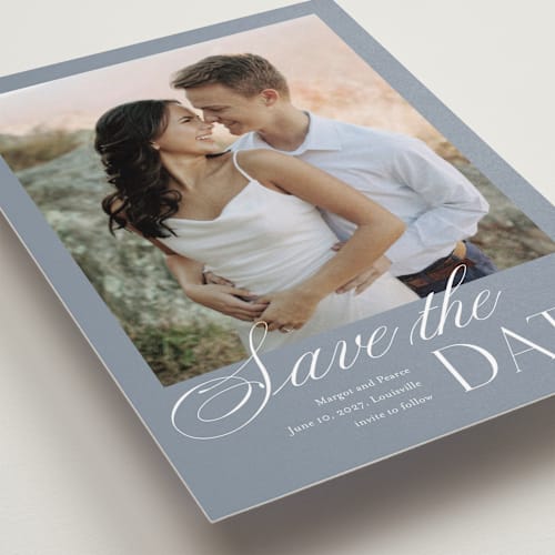 This is a french blue save the date with standard by Stacey Meacham called classic manor printing on recycled smooth signature in standard