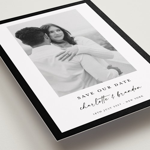 This is a onyx save the date with standard by Devika Keskar called main event printing on recycled smooth signature in standard