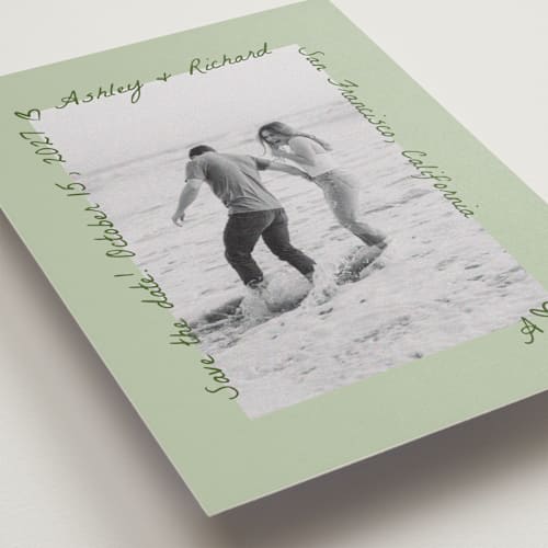 This is a quill save the date with standard by Claudia Orengo called showered printing on recycled smooth signature in standard