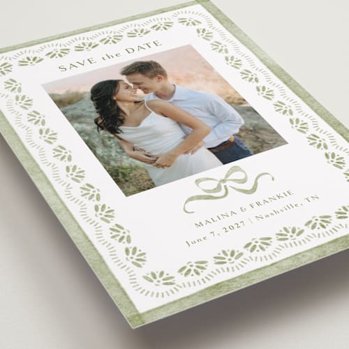 This is a sage save the date with standard by Melanie Kosuge called charming printing on recycled smooth signature in standard
