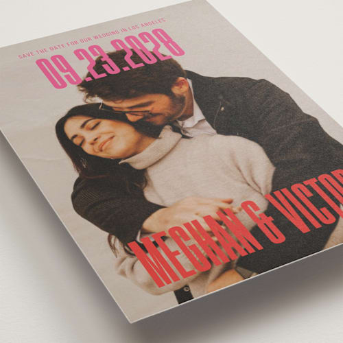 This is a rose save the date with standard by letterfix called ensemble printing on recycled smooth signature in standard