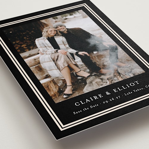 This is a tuxedo save the date with standard by Carolyn MacLaren called preppy frame printing on recycled smooth signature in standard