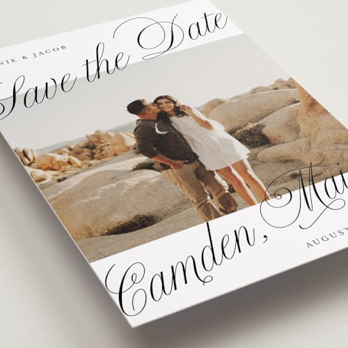 This is a snow save the date with standard by Katharine Watson called bold script frame printing on recycled smooth signature in standard