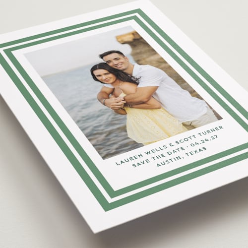 This is a basil save the date with standard by Megan Davis called negroni printing on recycled smooth signature in standard