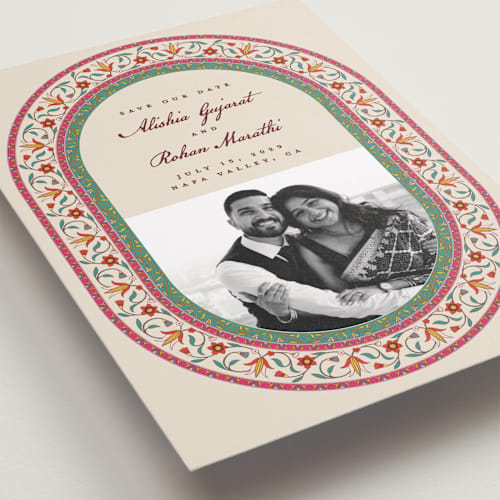 This is a ivory save the date with standard by Sherley Ferreira called mughal gardens printing on recycled smooth signature in standard
