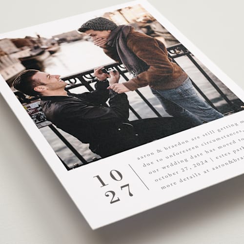 This is a cotton save the date with standard by Amy Kross called stacked banner printing on recycled smooth signature in standard