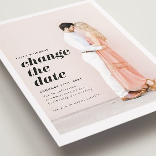 This is a blush save the date with standard by Laura Hamm called meet us in miami printing on recycled smooth signature in standard