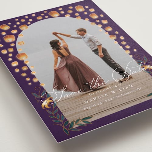 This is a twilight save the date with standard by Simona Camp called disney's tangled lanterns printing on recycled smooth signature in standard