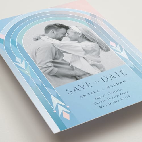 This is a aqua save the date with standard by Lori Wemple called frozen printing on recycled smooth signature in standard
