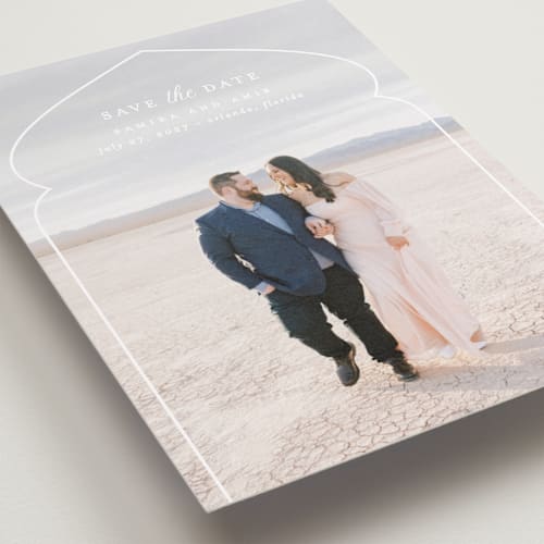 This is a moonstone save the date with standard by Creo Study called whole new world from disney's aladdin printing on recycled smooth signature in standard