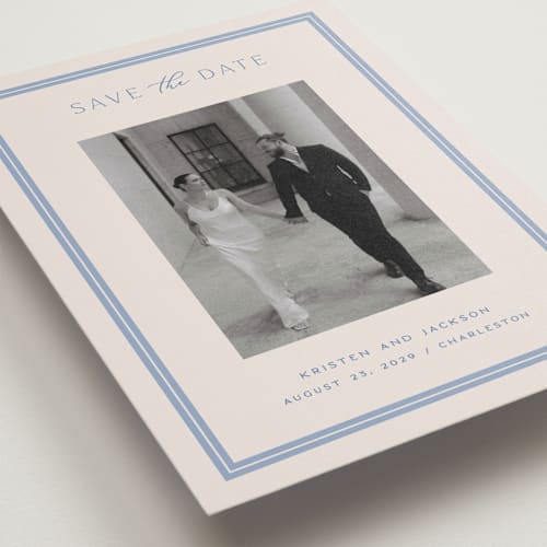 This is a periwinkle save the date with standard by Hooray Creative called twin border printing on recycled smooth signature in standard