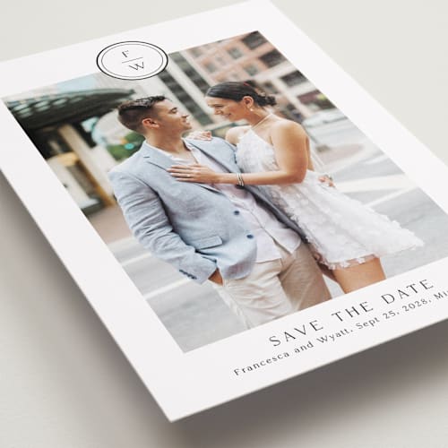 This is a cotton save the date with standard by Stacey Meacham called circle monogram printing on recycled smooth signature in standard