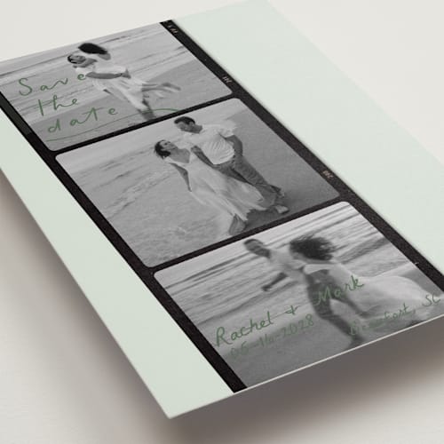 This is a mint save the date with standard by Sarah Mraz called filmstrip printing on recycled smooth signature in standard
