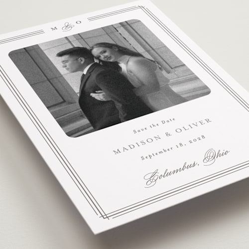 This is a cobblestone save the date with standard by Emily Betts called lines printing on recycled smooth signature in standard