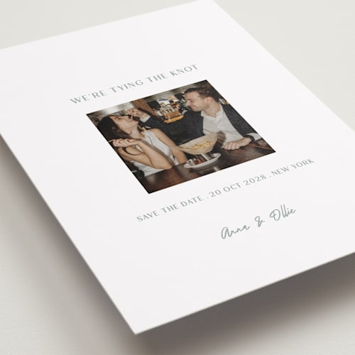 This is a mint tea save the date with standard by Ani Somi called center cut printing on recycled smooth signature in standard