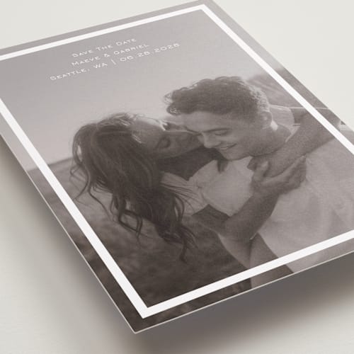 This is a quartz save the date with standard by Jenny Millington called boxed in printing on recycled smooth signature in standard