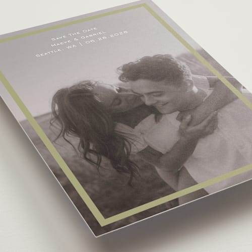 This is a olive save the date with standard by Jenny Millington called boxed in printing on recycled smooth signature in standard