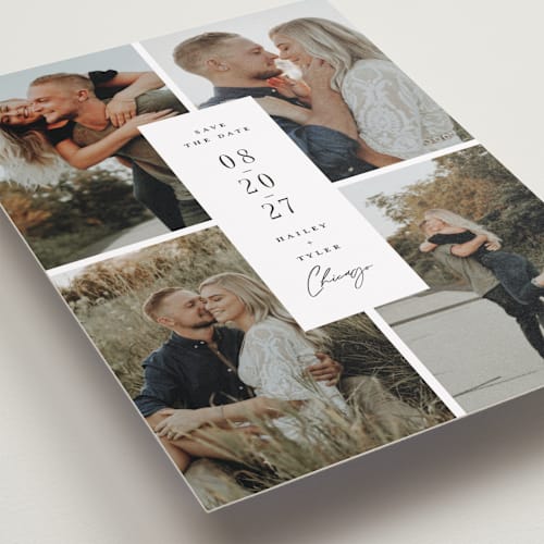 This is a snow save the date with standard by Michelle Taylor called focused printing on recycled smooth signature in standard