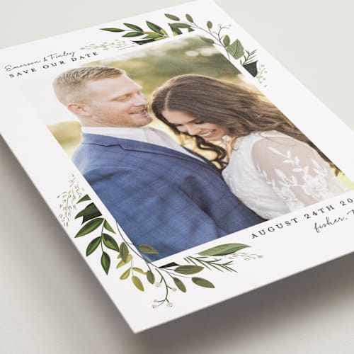 This is a fern save the date with standard by Susan Moyal called vines of green printing on recycled smooth signature in standard