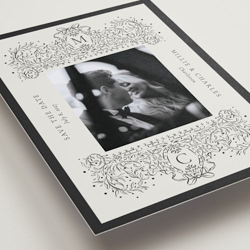 This is a latte save the date with standard by Jackie Crawford called ornate sketched frame printing on recycled smooth signature in standard