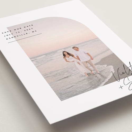 This is a silk save the date with standard by Kelly Schmidt called small corner printing on recycled smooth signature in standard
