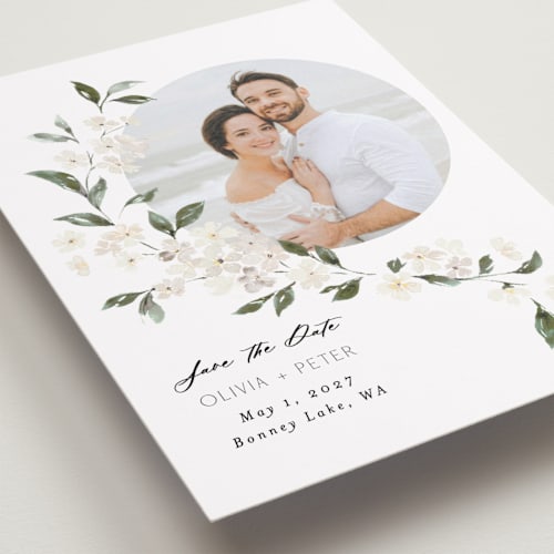 This is a porcelain save the date with standard by Itsy Belle Studio called sweeping vine printing on recycled smooth signature in standard