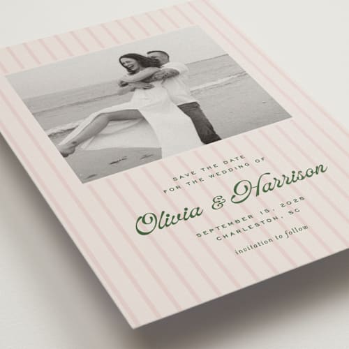 This is a blush save the date with standard by Ellen Schlegelmilch called harrison printing on recycled smooth signature in standard