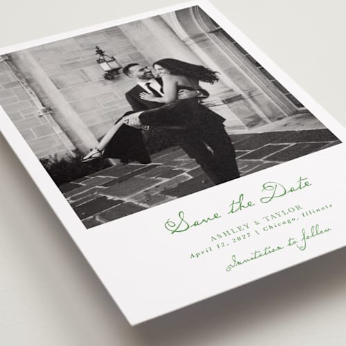 This is a fairytale save the date with standard by Cass Loh called swan crest printing on recycled smooth signature in standard