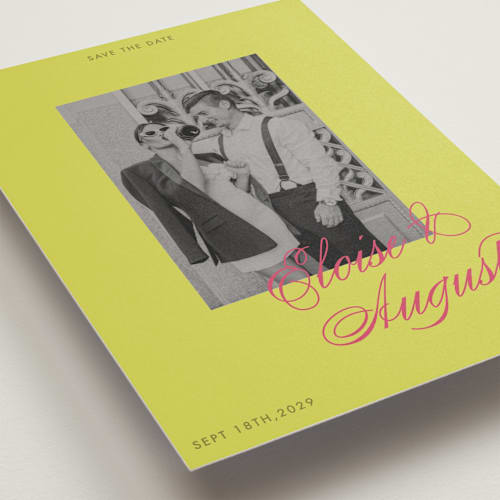 This is a flamingo save the date with standard by Morgan Kendall called maximalist poppies printing on recycled smooth signature in standard