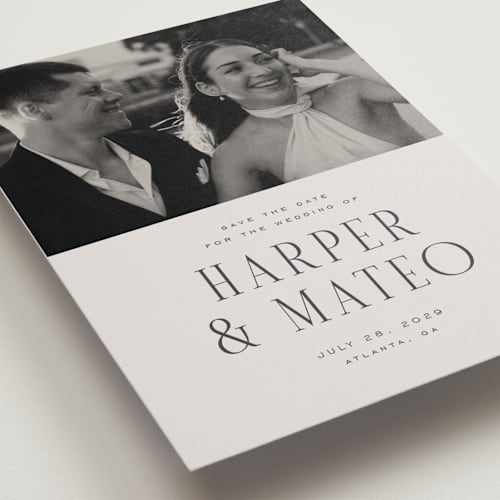 This is a sandstone save the date with standard by Nicole Walsh called close-up printing on recycled smooth signature in standard