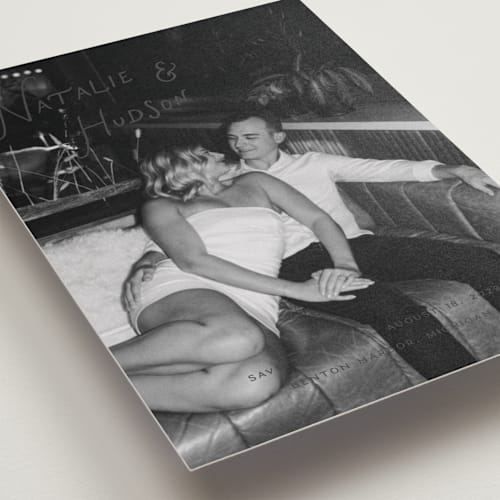 This is a shadow save the date with standard by Pixel and Hank called lovers printing on recycled smooth signature in standard